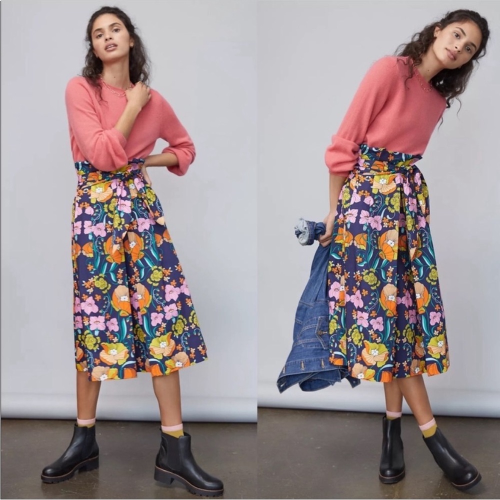 Corey Lynn Calter Anthropologie MIDI SKIRT, navy floral, belted, XS